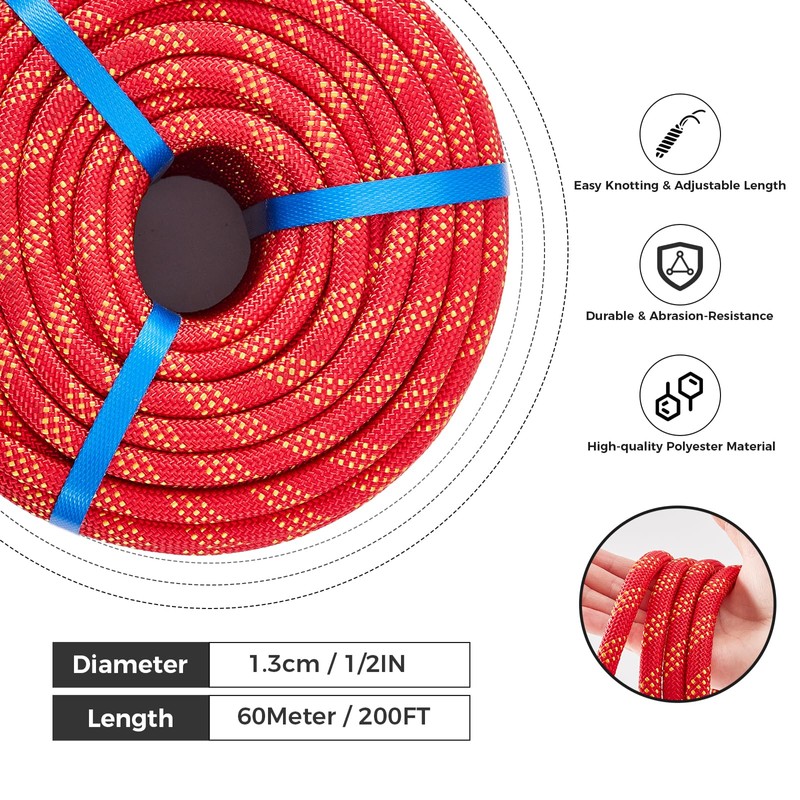1/2 Inch 200ft Double Braided Polyester Arborist Rope, Heavy Duty