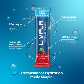 LivPur Electrolyte Drink Mix, Instant Hydration Powder with Vitamin C, B6, B12 & Essential Amino Acids for Muscle Support & Immune Health, Sports Essentials, Cool Cherry Flavor, 15 Stick Packs