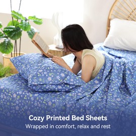 Whitney Home Textile Green Floral Printed Full Sheet Set - Soft Boho Botanical Rustic Pattern Bed Sheets, Microfiber Bedding & Pillowcases, Oeko-Tex, Wrinkle Free, 4 Piece (Full Size)