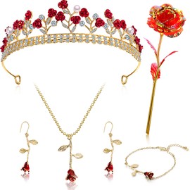 Abbylike 5 Pcs Women Costume Accessories Queen Rose Crown Pendent Bracelet Jewelry Earrings Artificial Rose for Wedding Birthday Gifts
