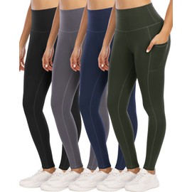 YOUNGCHARM 4 Pack Leggings with Pockets for Women,High Waist Tummy Control Workout Yoga Pants BlackDGrayNavyArmyGreen-3XL