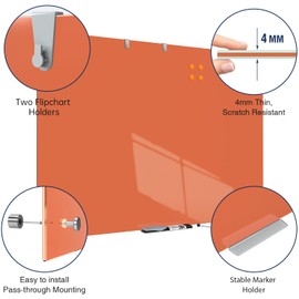 TSJ OFFICE Glass Dry-Erase Board - 48 x 36 Inches Wall Mounted Magnetic Whiteboard, Large Frameless Glass White Board for Office, Home & School, Orange