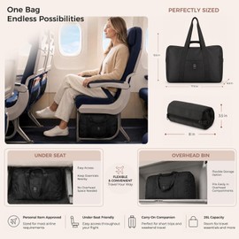 P.travel Foldable Travel Bag, Water-Resistant Lightweight Carry on Duffel Bag 26L, Underseat Personal Item Bag, Packable Weekender Tote, Shoulder & Handheld Travel Bag for Women Men