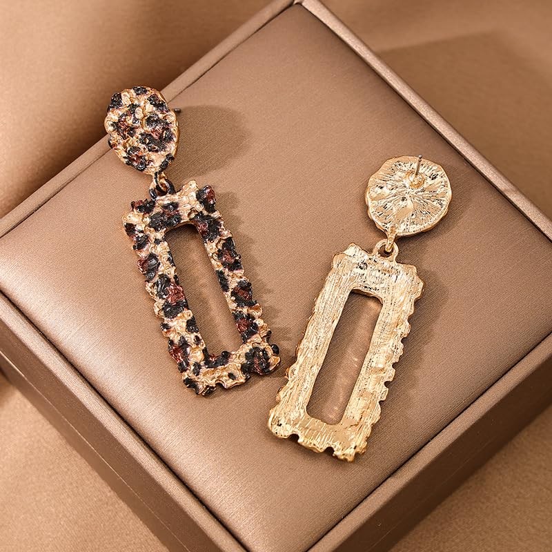 Solighter Leopard Print Hollow Geometric Large Square Dangle Stud Earrings