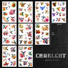 CHARLENT Watercolour Hummingbird Temporary Tattoos for Women - 9 Large Sheets Hummingbird Tattoo with Flowers, Waterproof Fake Body Art Birds Tattoo Stickers