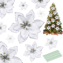 Yueshop 10pcs Christmas Glitter Poinsettia Flowers Ornament Christmas Tree Wreath Decoration Artificial Wreath Flowers for Xmas Tree Ornaments Decor (Silver)