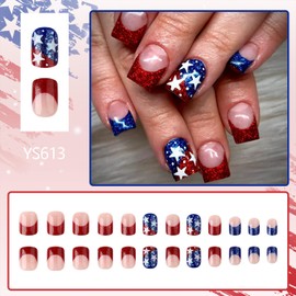 Independence Day Press on Nails Short Square Red Blue Glitter French Tip Fake Nail with Star Designs 4th of July Patriotic False Nails Acrylic Glue on Nail Artificial Stick on Nail for Women 24 Pcs