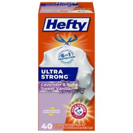 Hefty Ultra Strong 13 Gallon Trash Bags, Tall Kitchen Trash Bags 13 Gallon Size, Drawstring Closure, Continuous Odor Control, White, Lavender and Sweet Vanilla Scent, 40 Bags