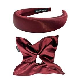 Padded Satin Headband and Satin Scrunchies Set, Wide Headband and Soft Hair Bobbles, Hair Band and Elastic Silk Hair Bobbles for Women and Girls (Red, One Size)