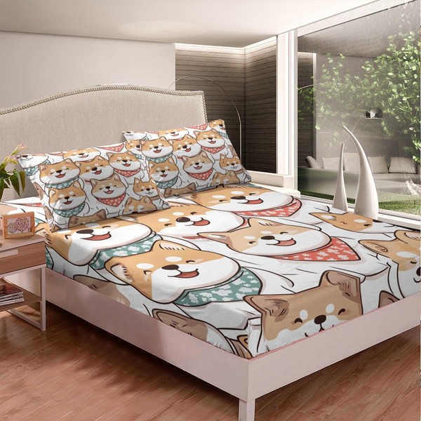 Kids Dog Fitted Sheet Cute Cartoon Dog Printed Bedding Set