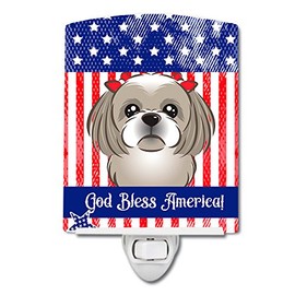 Caroline's Treasures BB2180CNL American Flag and Gray Silver Shih Tzu Ceramic Night Light Compact, UL-Certified, Ideal for Bedroom, Bathroom, Nursery, Hallway, Kitchen, 6x4x3, Multicolor