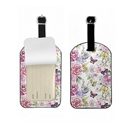 Zoczos Beautiful Peony Leather Luggage Travel Bag Tags Roses Butterflies Green Leaves Pink Flowers Watercolor Luggage Tag Holder Name ID Labels Set for Men Women, 1 Pack
