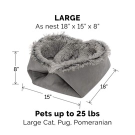 Furhaven Pet Bed for Cats and Small Dogs - Long Fur and Suede Convertible Self-Warming Thermal Cuddler Cat Bed, Washable, Gray, Large
