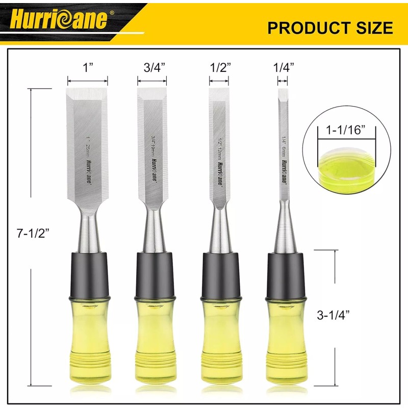 HURRICANE Premium Chisel Set For Woodworking Drop Forged Steel Grip