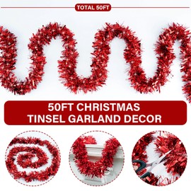 50 Ft Red Tinsel Garlands Christmas Tree Decorations, Thick Thin Metallic Streamers Xmas Christmas Tinsel Garland Christmas Tree Garland,Garland for Indoor&Outdoor Decor (Red)