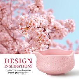 TEANAGOO 7-PCS Pink Matcha Whisk Set with Cherry Blossom Design, Complete Ceremony Kit, Ceramic Chawan Bowl with Spout, Whisk & Accessories, Traditional Matcha Tea Set for Lattes& Gift Giving