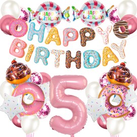 Senteria Birthday Balloons, Numbers, Balloons, Pink Donuts, Decorative Set, Happy Birthday Balloons, Party Decorations, Cute, Luxurious, Large Capacity, Kids, Girls, Celebrations (5 Years)