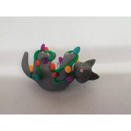 Celtic Forest Clay GRAY CAT Christmas Ornament TANGLED IN LIGHTS Feet Up HAND MADE