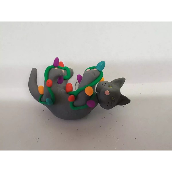 Celtic Forest Clay GRAY CAT Christmas Ornament TANGLED IN LIGHTS