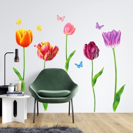 DECOWALL SG-2116 Tulip Flower Wall Stickers Butterfly Floral Decals Removable for Bedroom Living Room Art Home Decor Decoration DIY Background Mural