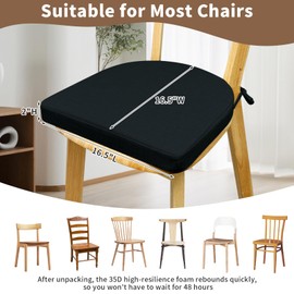 RuzRhyth Chair Cushions for Dining Chairs 2 Pack 35D High-Density Foam Seat Cushions for Kitchen Chairs with Ties Non Slip and Removable Cover Chair Pads 16.5" x 16.5" x 2" (Black)