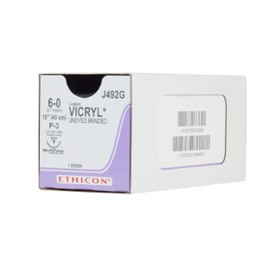 Ethicon Coated VICRYL (Polyglactin 910) Suture, J492G, Synthetic Absorbable, P-3 (13 mm), 3/8 Circle Needle, Size 6-0, 18" (45 cm)