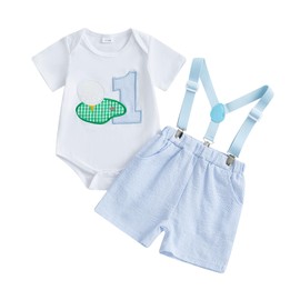 Baby Boy First Birthday Outfit 1 GOLF Short Sleeve Romper Suspender Striped Shorts One Year Old Birthday Clothes (White, 12-18 Months)