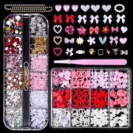 2 Boxes Mixed 3D Nail Charms and Gems, Red Pink Bows Flowers Acrylic Nail Charms Pearl Heart Nail Art Charms, Bows Heart Nail Charms Half Pearl and Gems Nail Charms for Valentine's Day