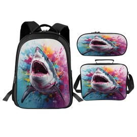 Luxvio Shark School Backpack for Teens Kids Kindergarten Elementary Middle School Ocean 3-Pcs Bookbag, Shark Back Pack for Boys Girls Children Animal Book Bag, Small Modern Bag