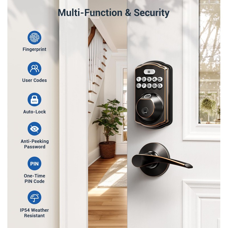 Veise Fingerprint Door Lock with 2 Lever Handles - Keyless