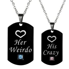 Flongo Couples Partner Pendant Necklace Set, Zirconia Stainless Steel Necklace Chain with Engraving Crown, Dog Tag, Black Silver Partner Chains for Men, Women, Stainless Steel, Cubic Zirconia