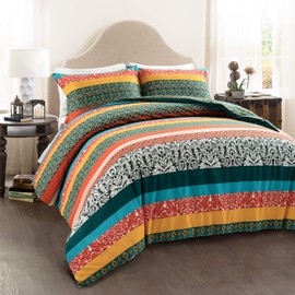 Lush Decor Boho Stripe Reversible Cotton 3 Piece Duvet Cover Set, King, Turquoise & Tangerine