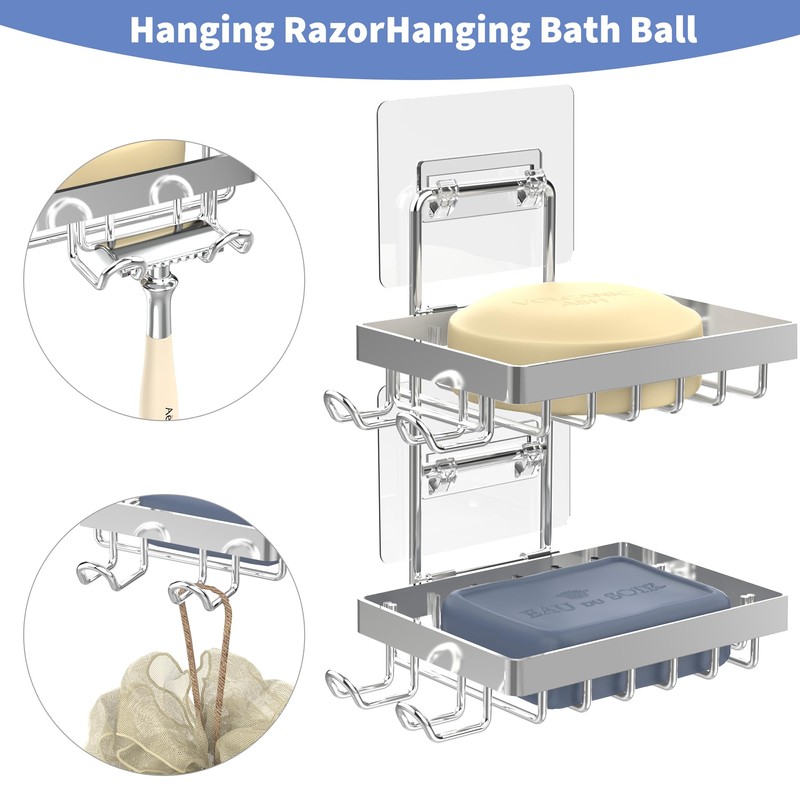 Moforoco Silver Double Soap Bar Holder for Shower, No Drilling