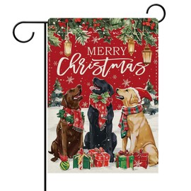 Dyrenson Merry Christmas Labrador Dogs Decorative Garden Flag, Xmas Tree Red Berries Yard Outside Home Decoration Pet Owner Lover Gifts, Winter Holiday Burlap Outdoor Small Decor Double Sided 12 x 18