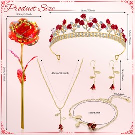 Abbylike 5 Pcs Women Costume Accessories Queen Rose Crown Pendent Bracelet Jewelry Earrings Artificial Rose for Wedding Birthday Gifts