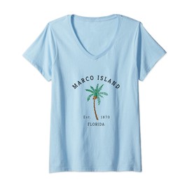 Womens Marco Island Florida Colorful Palm Tree Retro Novelty Art V-Neck T-Shirt