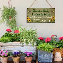 TOARTi Spring Garden Decor Sign - Bird & Sunflower Wood Plaque with Relaxing Quotes, Outdoor Yard Art for Patio Lawn Decoration,Rustic Garden Rules Welcome Sign Housewarming Gift