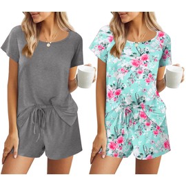 Ekouaer Womens Lounge Set Short Sleeve Pjs Summer Crew Neck Sleepwear 2 Pack Short Pajama Sets Casual Loungewear Rose Print Grey,Medium