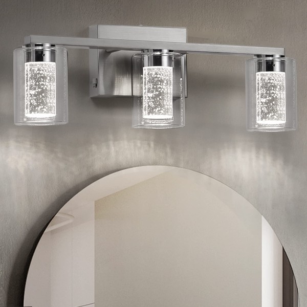 SADENICEL Brushed Nickel Vanity Lights, 3-Light Bathroom Light Fixtures, Crystal LED Bathroom Lights Dimmable White/Neutral/Warm Light with Clear Glass Shade for Bathroom Bedroom Hallway Lighting