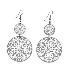 IDB Delicate Filigree Dangle Double Circle Drop Hook Earrings - Approx 3 1/4 inches (3.25" / 8.2 cm) Length x 1 13/16 inches (1.81" / 4.6cm) Wide (Black Tone)