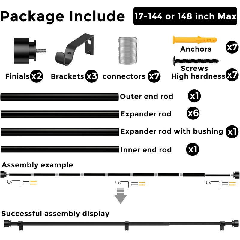 Black Curtain Rod 17 to 144 or 148 inch Max,