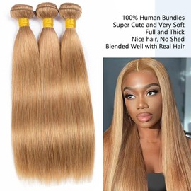 Leruikair Human Hair Bundles 20 22 24 Inch Straight Bundles Human Hair Honey Blonde Color 27 Unprocessed Brazilian Soft Quick Weave Hair for Black Women