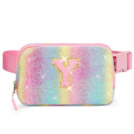 Cotmcor Kids Fanny Pack Glitter Waist Pack Initial Crossbody Bag Belt Bag for Girls Gifts Sparkly Cute Purse Rainbow Y