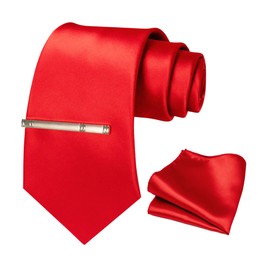 JEMYGINS Men's Satin Tie Set Tie & Pocket Square & Tie Clip, Red 2