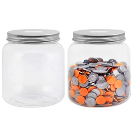 Mczxon 2-Pack Big Clear Plastic Coin Bank with Silver Slotted Lid, Large Plastic Coins Piggy Money Change Clear Bank Jar for Adults Teens Kids