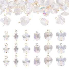 Cheriswelry 30Pcs Crystal Glass Charms Clear AB Color Butterfly Heart Star Flower Oval Rhombus Glass Pendants with Brass Loops 11.5-14mm for Bracelet Necklace Earring Jewelry Making