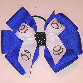 Softball Hair Bow with six Loops, Royal, White Pony Band