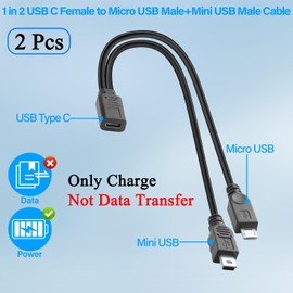 QIANRENON USB C to Micro & Mini USB Splitter Charging Short Cable 1 in 2 USB Type C Female to Micro USB Male+Mini USB Male Y Connector Extension Cable 5V3A, No Data Transfer, 30cm/11.8in, 2Pcs