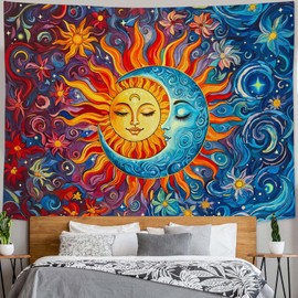 Sun and Moon Tapestry Boho Hippie Orange Red Blue Floral Tapestry for Bedroom Aesthetic Abstract Plant Flowers Stars Small Tapestries Wall Hanging for Living Room Dorm 90 x 68 Inch