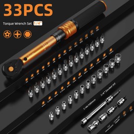 ss shovan 33PCS Inch Pound Torque Wrench Set, 1/4 Inch Drive, Adjustable Dual-Direction 72 Tooth, Dual Scales 30-220 IN.LB (3.3-24.7Nm), for Bike, MTB Maintenance, with Bit Sockets and Extension Bar